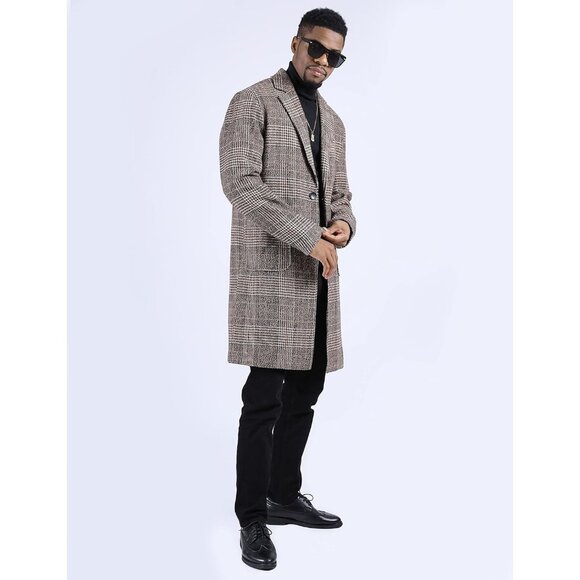 Men's Khaki Winter Single-Breasted Trench Coat with Notched Collar Pockets - Picture 6 of 9